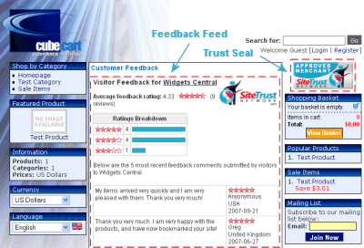 Preview of a demo CubeCart v3 store with SiteTrust Network featured installed
